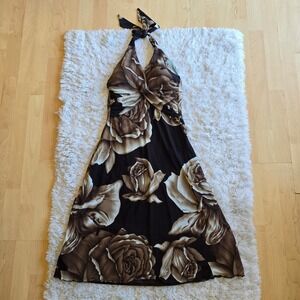 CACHE Womens Brown Floral Halter Midi Dress Rose Print Twist Front size 10 y2k